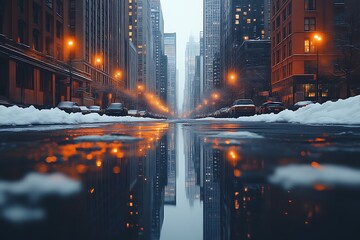 Snowy city street at night, reflection in puddle.