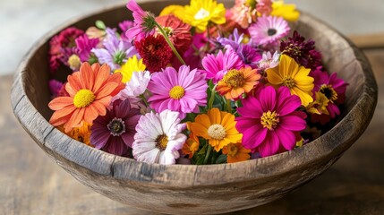 A vivid display of fresh flowers in a rustic wooden bowl, offering a cheerful and natural vibe, perfect for decor themes.