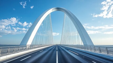 Obraz premium Stunning Modern Arch Bridge Spanning Open Highway Beneath Clear Blue Sky