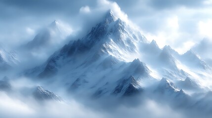Obraz premium Majestic snow-capped mountain peaks shrouded in mist.