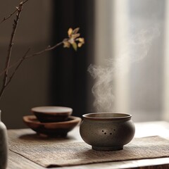 Serene Morning Scene with Steam Rising from a Simple Ceramic Cup