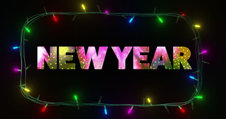 Naklejka premium Image of new year text and fairy lights on black background