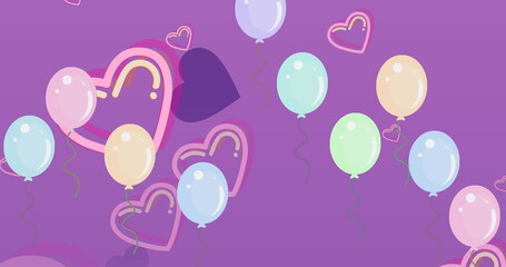 Image of blue balloons and hearts on blue background