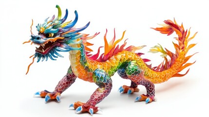 Obraz premium An artistic portrayal of a dragon figurine, featuring vivid colors and intricate details, isolated on white.