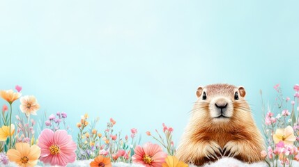 A cheerful groundhog peeks out from snow surrounded by vibrant spring flowers against a pastel blue background, celebrating Groundhog Day.