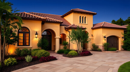 Mediterranean Villa at Dusk: Luxury Home Exterior Design and Landscaping
