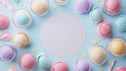 Fototapeta premium Vibrant Assortment of Colorful Ice Creams on Bright Blue Background Evoking Joy and Delightful Summer