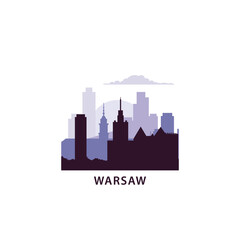 Naklejka premium Warsaw logo with skyline, cityscape retro vector icon. Poland city horizon, facade, travel logotype