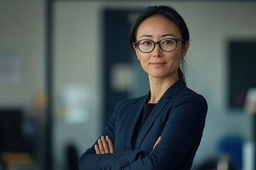 Confident Businesswoman Poses with Arms Crossed, Projecting Success and Professionalism in Modern Office Setting