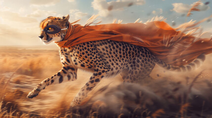 Courageous Cheetah in Superhero Gear with Mask Running Fast