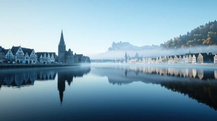 Fototapeta premium Serene lakeside view with reflections and misty morning atmosphere.