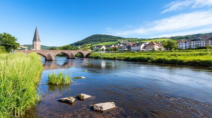 River Landscape with Stone Bridge and Town