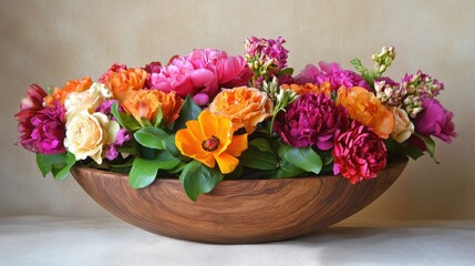 Obraz premium Bright flowers arranged in a wooden bowl, with rich colors creating a striking contrast, perfect for cheerful and natural visuals.