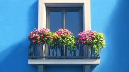 Fototapeta premium ブルーの壁と花が飾られたバルコニー