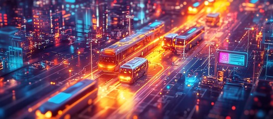 Futuristic Cityscape: Autonomous Buses Navigating Smart Roads