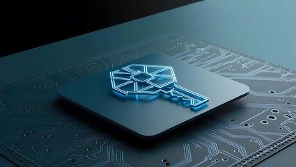 Futuristic Digital Key with Glowing Blue Lines Hovering Over Circuit Board Surface

