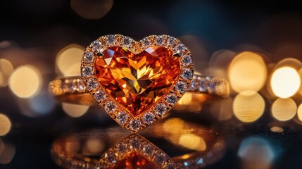 Close-up of a heart-shaped orange gemstone ring surrounded by tiny diamonds, its vibrant color glowing under soft lighting