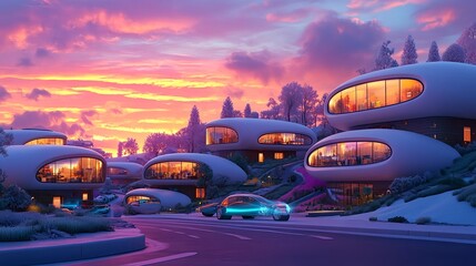Fototapeta premium futuristic homes sunset, electric cars - futuristic architecture