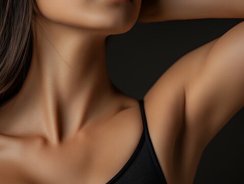 A close-up shot highlighting the smooth skin of a woman's neck and shoulder against a dark background. Soft lighting creates a sensual atmosphere.