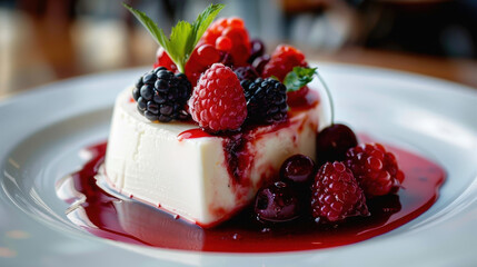 Decadent Slice of Italian Panna Cotta with Fresh Berries and Sauce