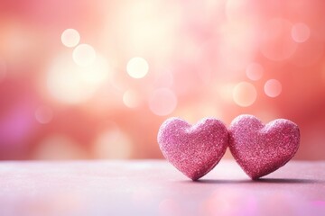 Obraz premium Two red hearts on a pink glitter background valentine's romantic symbol.