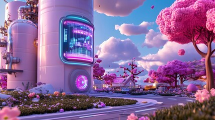 futuristic pink blossom cityscape - surrealism/fantasy: the image b.