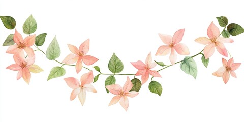 Fototapeta premium Watercolor Painting of Peach Blossom Branch with Green Leaves Delicately Arranged