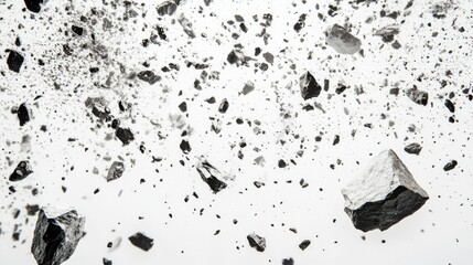 A cosmic debris field with small asteroids, space rocks, and metallic fragments suspended in zero gravity, creating a chaotic yet beautiful scene on a white background
