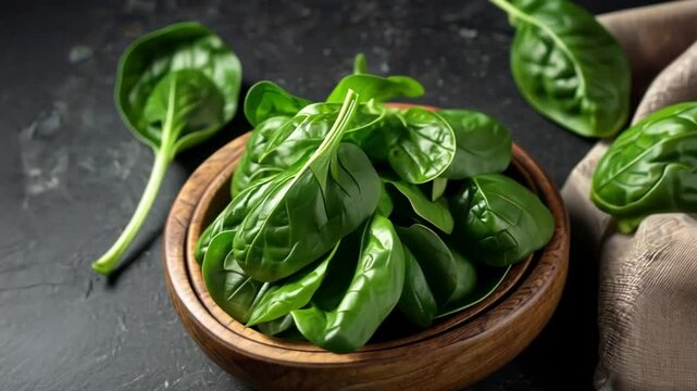 Fresh spinach bowl dark background healthy food