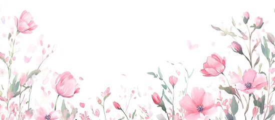 Watercolor Pink Flowers Blossom Delicately in Springtime, Creating a Romantic Floral Design for Cards, Invitations, and Wallpapers.