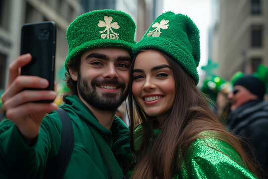 Festive Couple in Green Taking a Selfie at St. Patrick’s Day Parade - Joyful Irish Holiday Celebration with Vibrant Parade Setting - Powered by Adobe