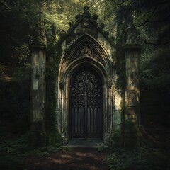 Obraz premium Gothic Arched Entryway Shrouded in Moss and Shadows in Secluded Forest Clearing