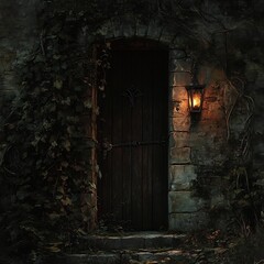 Fototapeta premium Abandoned Therapy Door in Secluded Medieval Castle Ruin with Flickering Candle