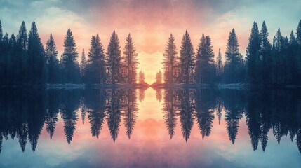 Obraz premium Perfectly aligned trees forming a frame around a tranquil lake reflecting a pastel sunset sky