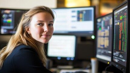 A blurry view of a city street at night is juxtaposed with stock market data displayed on a screen in the foreground.