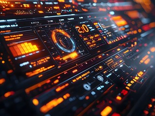 Glowing Digital Dashboard with Real Time Financial Metrics and Business Concepts