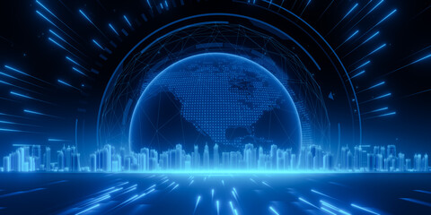 Digital Globe Over Futuristic Cityscape