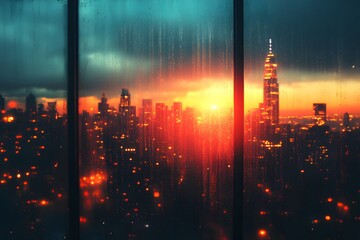 Fototapeta premium A captivating view of a vibrant cityscape at dusk, seen through a rain-streaked window, with blurred bokeh lights creating a dreamy, atmospheric effect. 