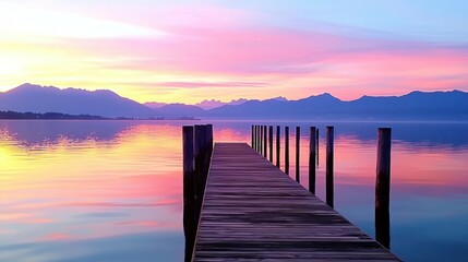 Serene sunset over a tranquil lake with a wooden pier.