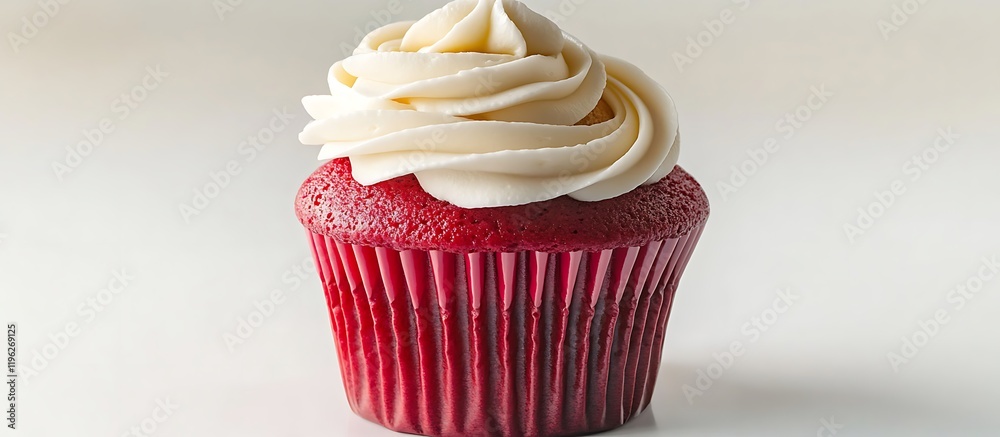 Fototapete a delectable red cupcake featuring a generous swirl of white cream isolated on a pristine white back