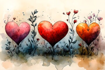 A trio of vibrant watercolor hearts, each a unique shade of red and pink, blossom amidst a whimsical garden of delicate wildflowers, creating a heartwarming and charming scene.