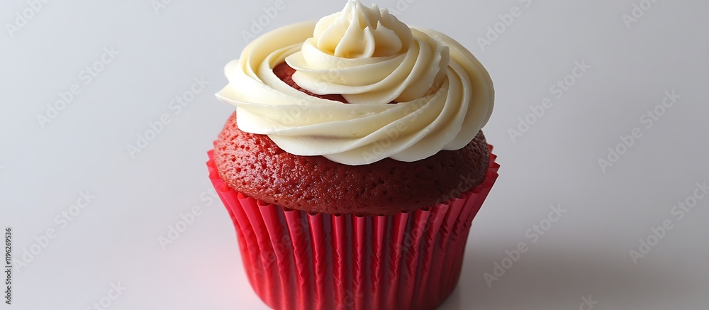 Fototapete a delectable red cupcake featuring a generous swirl of white cream isolated on a pristine white back