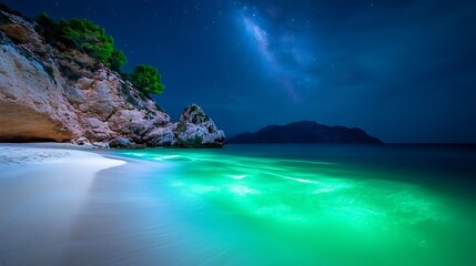 Fototapeta premium Night beach, bioluminescence, stars