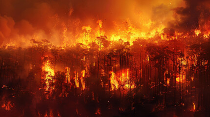 Fototapeta premium Intense Forest Fire Engulfing Trees in Blazing Flames and Heatwaves