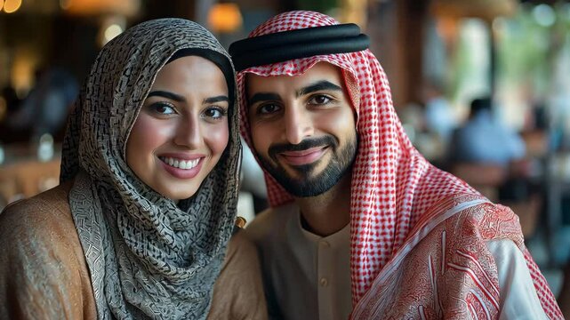 A young Emirati couple enjoying themselves in a classic Arab cafe
