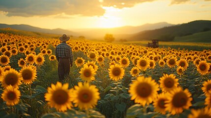 Obraz premium Sunset Serenity: A Farmer Walks Through a Golden Sunflower Field