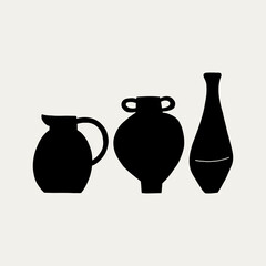 Handmade Aesthetic Clay Pottery Ceramic Vases Black Silhouette. Different Pottery Shape Silhouette Decor. Hand Drawn Vector Illustration