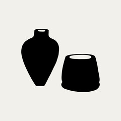 Handmade Clay Pottery Ceramic Utensil Elements Black Silhouette. Different Pottery Shape Silhouette Decor. Hand Drawn Vector Illustration
