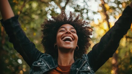 A person smiling and throwing their hands in the air, celebrating the start of the weekend on a fantastic Friday.