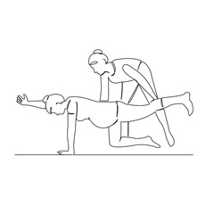 One continuous single drawing line art flat doodle yoga instructor working with pregnant woman, yoga class, child health. Isolated image hand draw contour on a white background, hand drawn, not AI